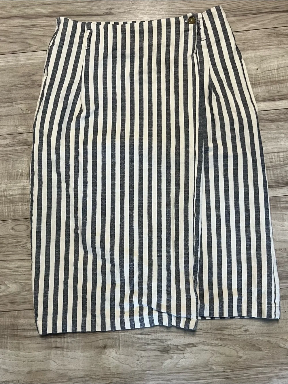 Anthropologie Navy and White Vertical Stripe Wrap Pencil Skirt